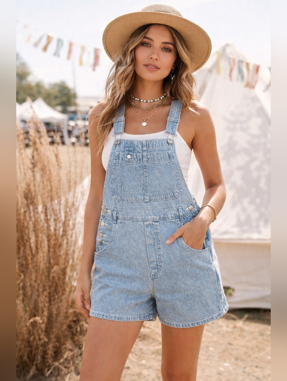 Crossroads Denim Overall Shorts Size 10 Light Wash Adjustable Straps